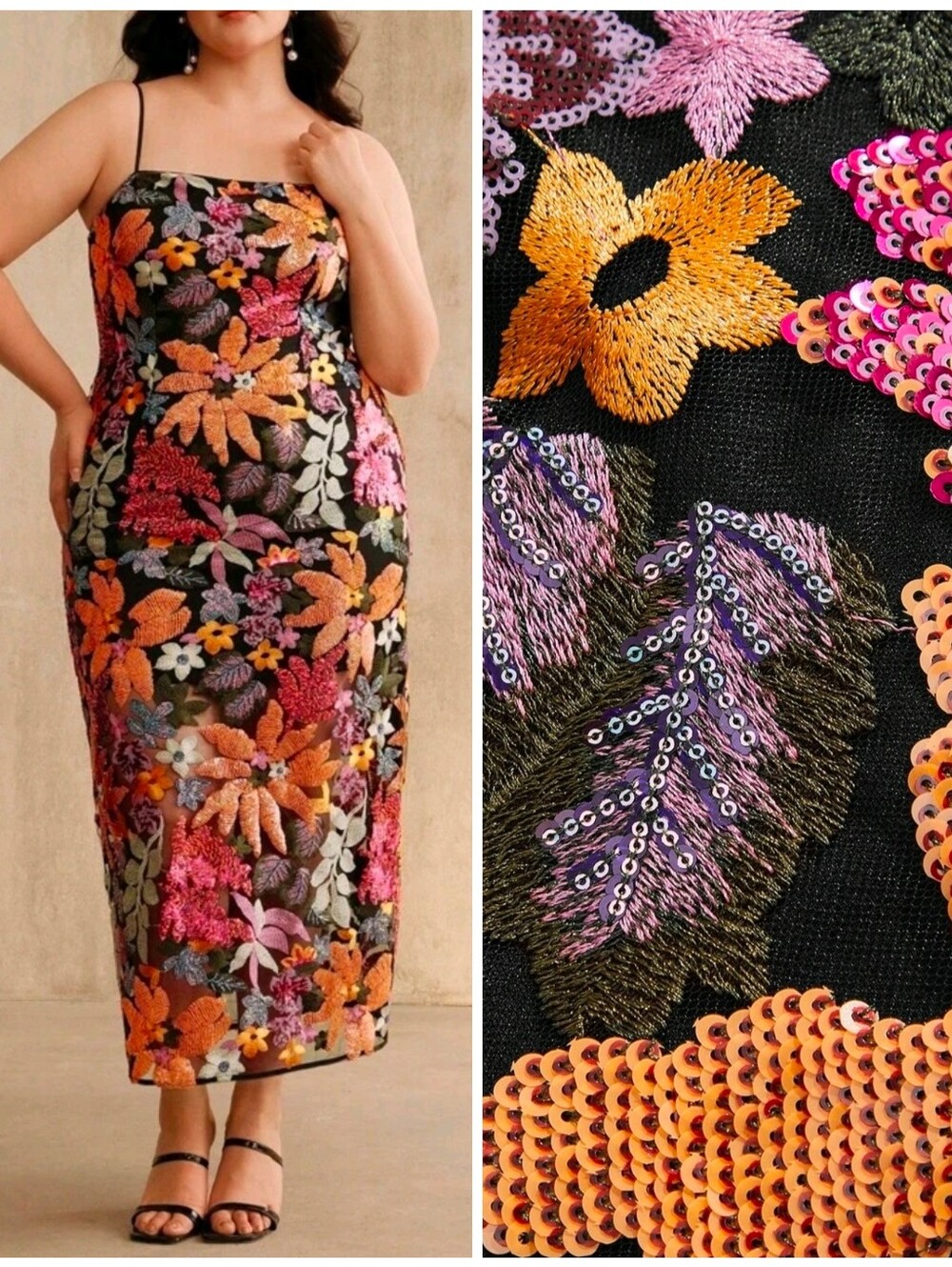New Luxe Embroidered Sequin Long Cami Dress PLUS Black Multi Color